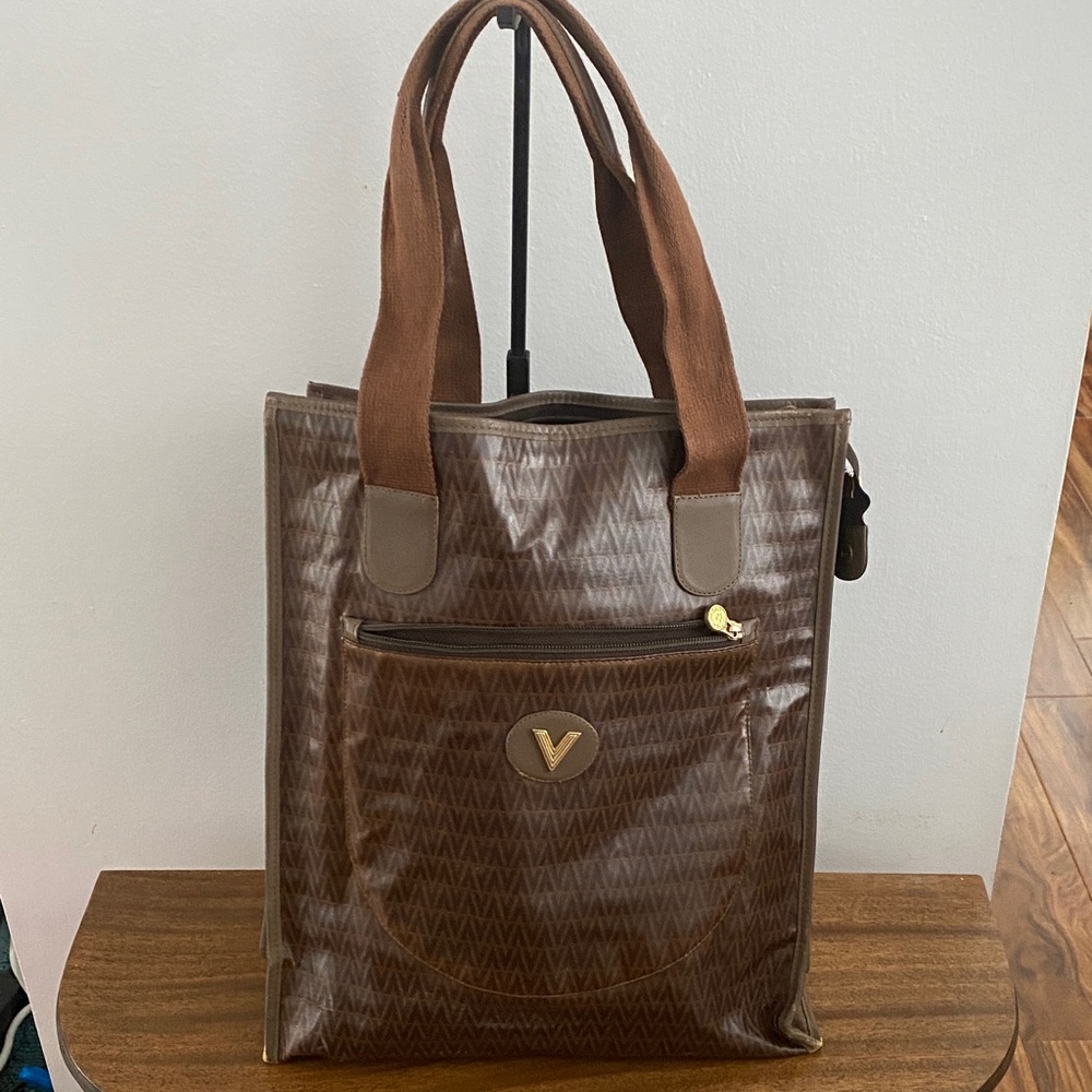 Mario Valentino Monogram Tote Bag w/V logo, Zipper Top, Outside & Inside Pockets
